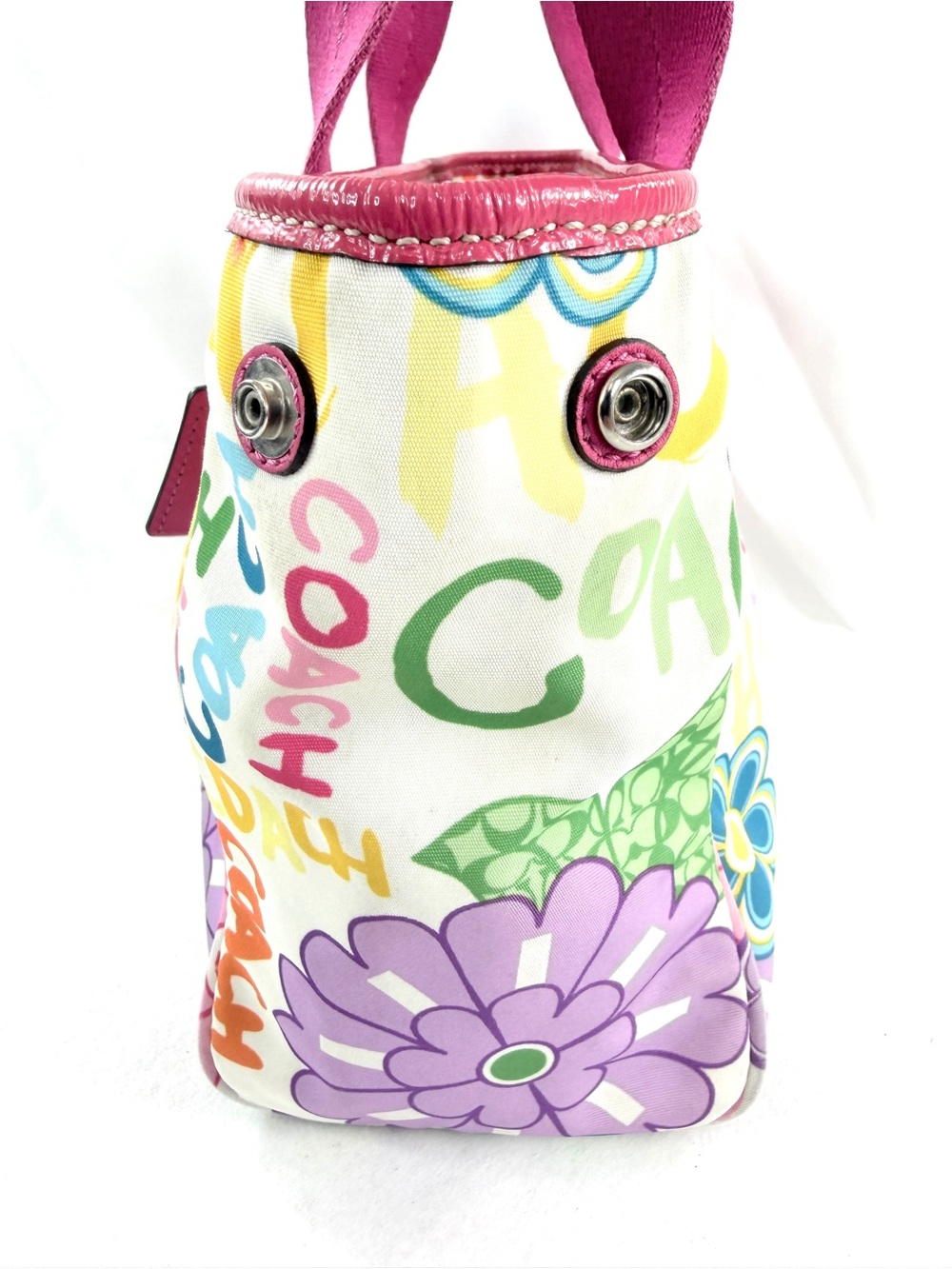 Coach F14882 Poppy Daisy Floral Multicolor Canvas Small Shoulder Bag Pink Trim - Picture 4 of 12